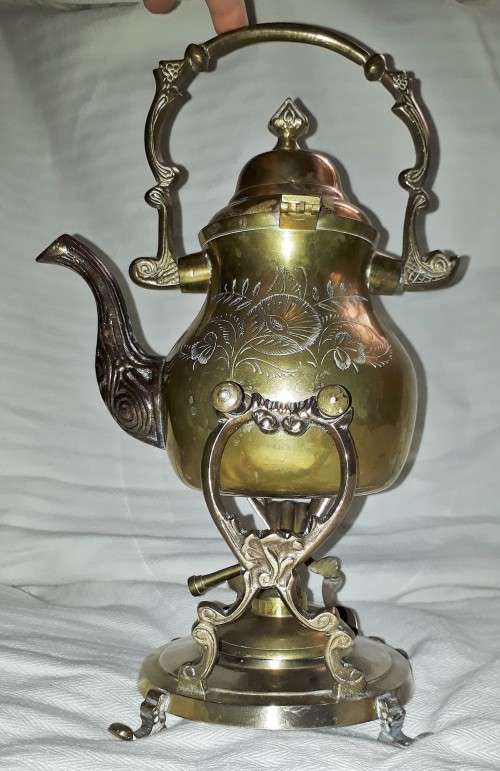 Brass Rare Find Brass Tilting Teapot on Stand with Burner for sale in
